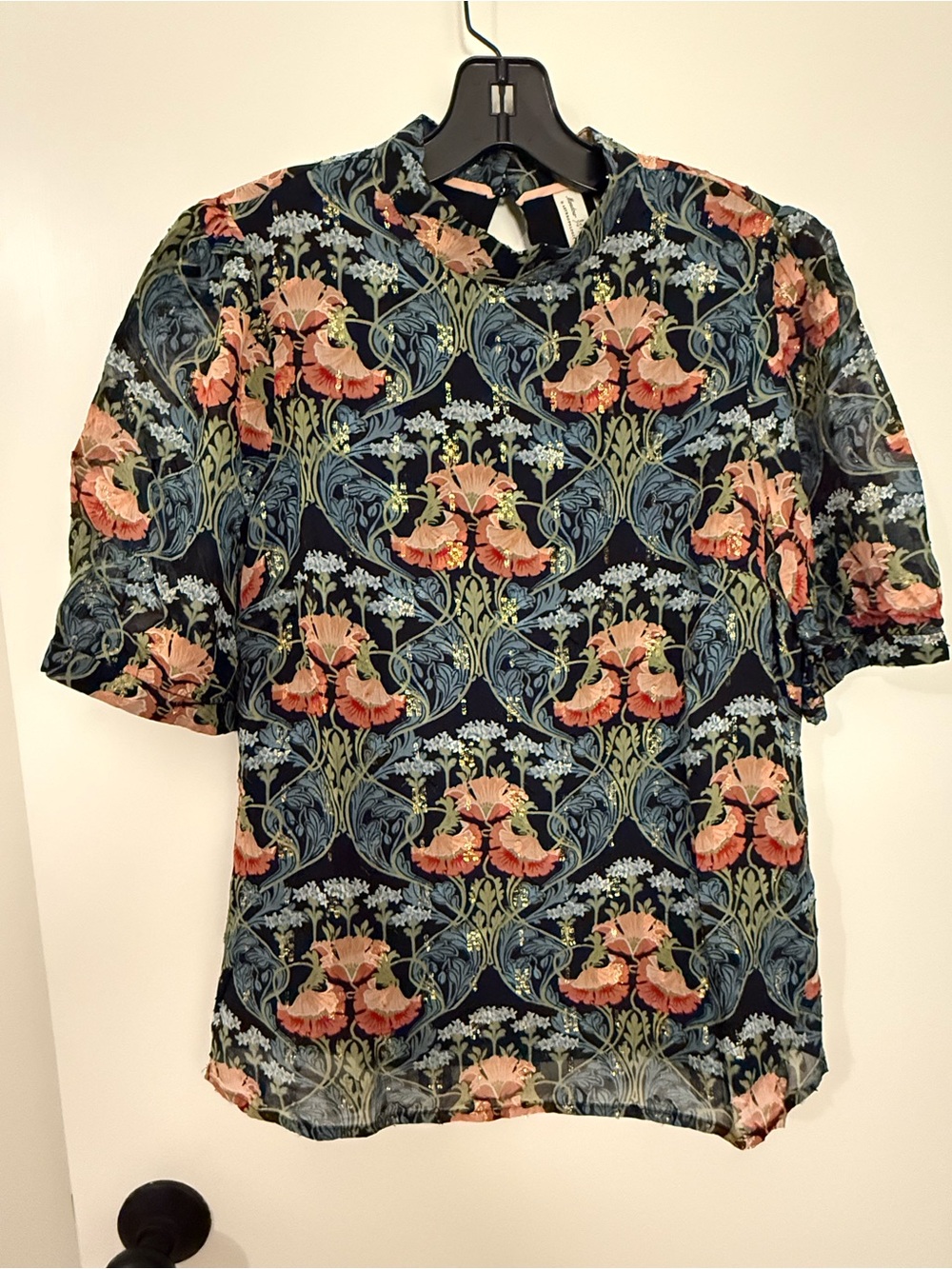 Anthropologie Meadow Rue Art Nouveau Floral Metallic Blouse Size 6